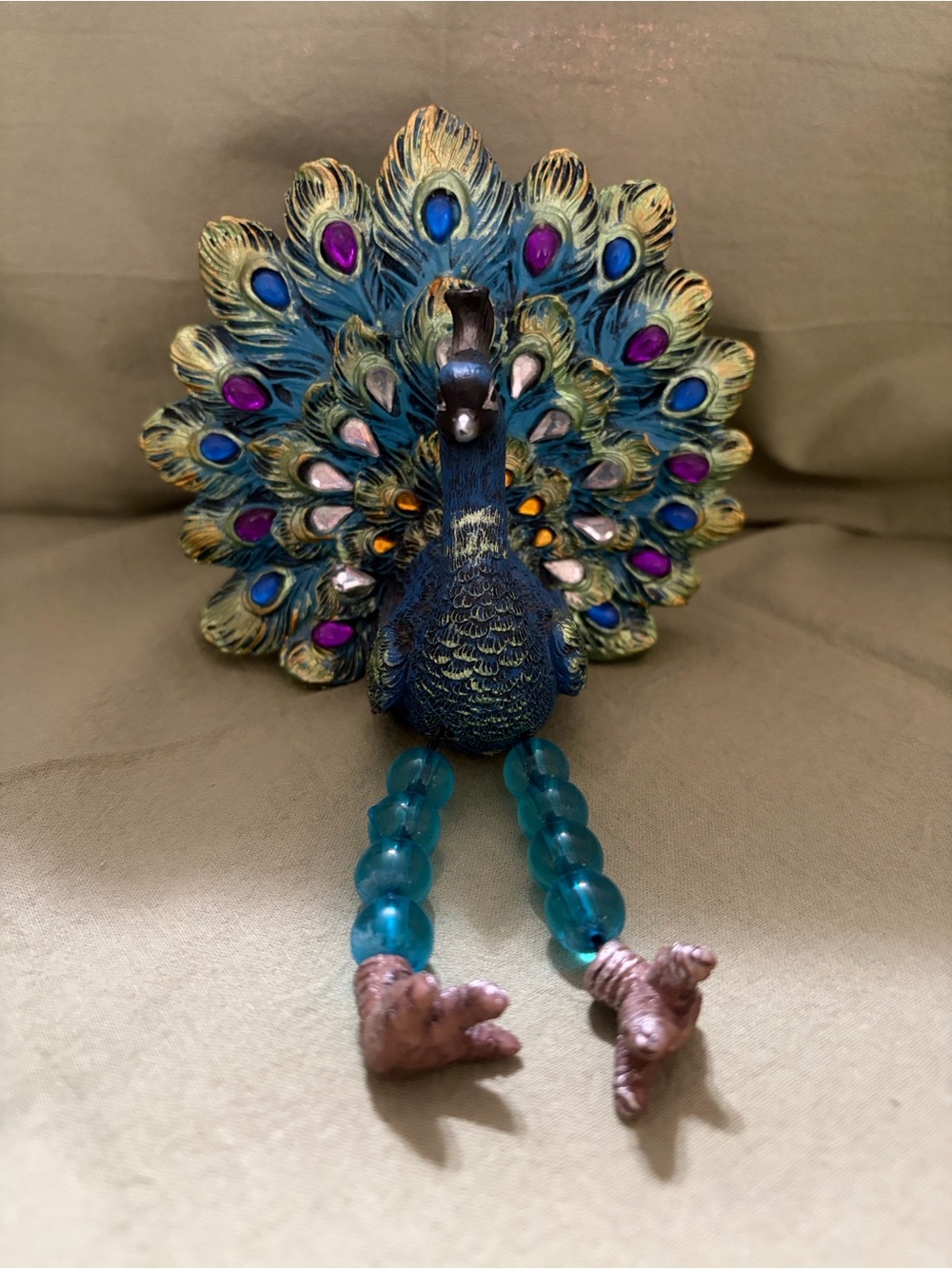 Peacock Shelf Sitter with Teal Beaded Legs